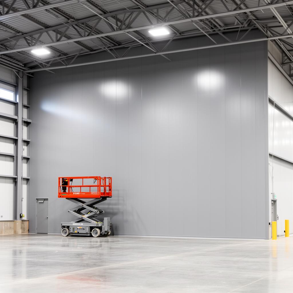 Industrial painting Redmond WA — freshly painted gray warehouse wall with scissor lift and exposed steel ceiling
