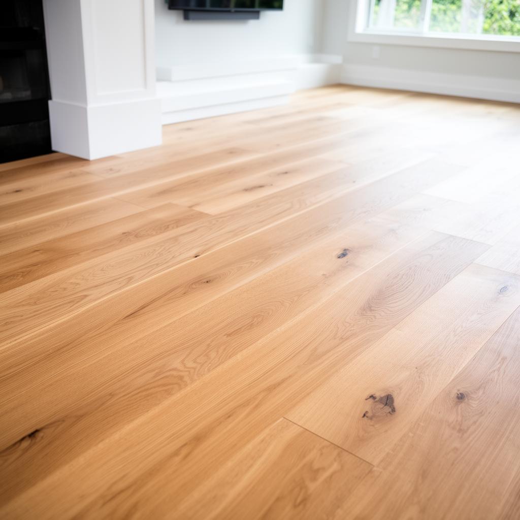 Laminate flooring installation Redmond WA — wide-plank light oak floor in a bright modern living room