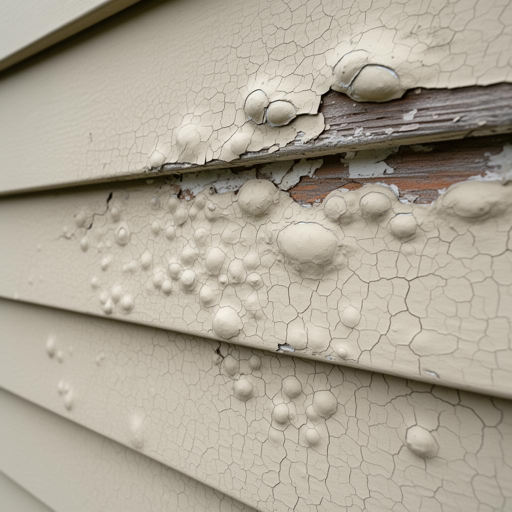Paint blistering Redmond WA — close-up of severe paint bubbling, peeling and alligator cracks on cream lap siding exposing bare wood