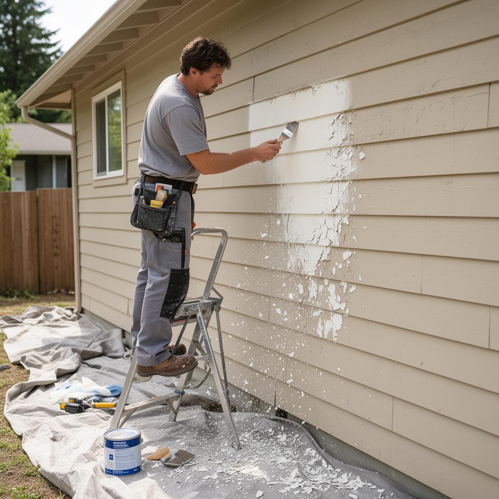 Paint blistering repair Redmond WA — Redmond Pro Painting crew member scraping bubbled paint off cream lap siding from a step ladder