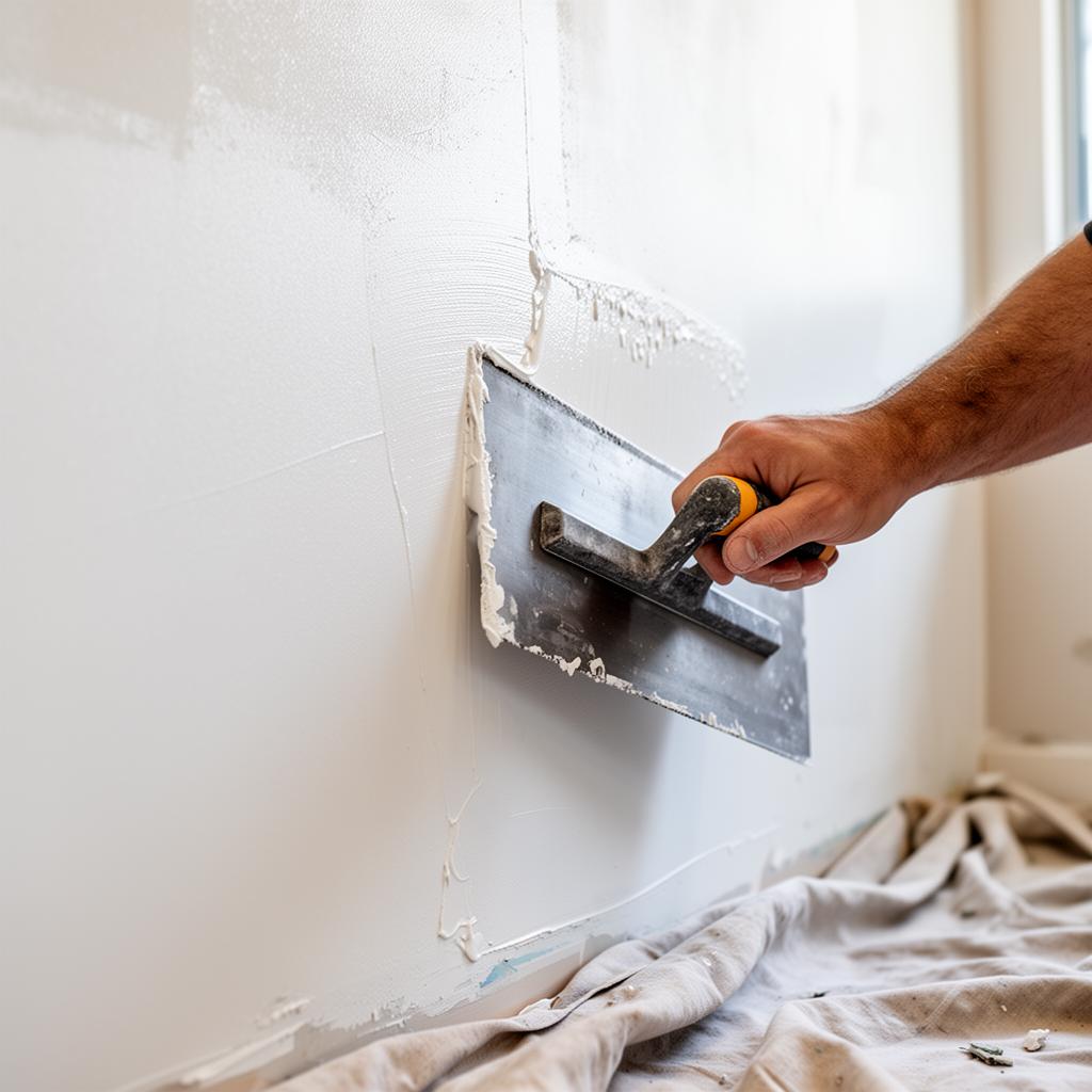 Plastering service Redmond WA — skim-coat plaster being applied to interior wall with steel trowel