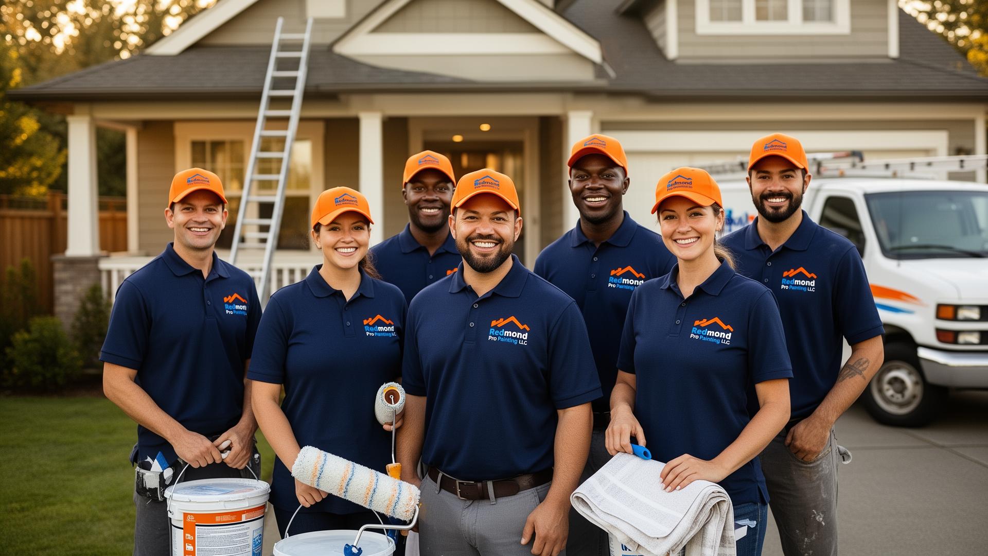 The Redmond Pro Painting LLC crew Redmond Pro Painting LLC crew — professional team of seven painters in branded navy polos and orange caps in front of a Redmond, WA home
