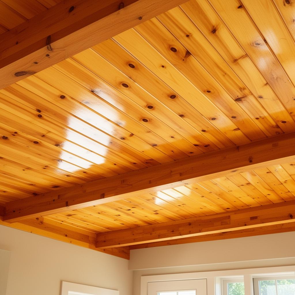 Wood ceiling varnish Redmond WA — tongue-and-groove pine ceiling with glossy clear coat and exposed beams